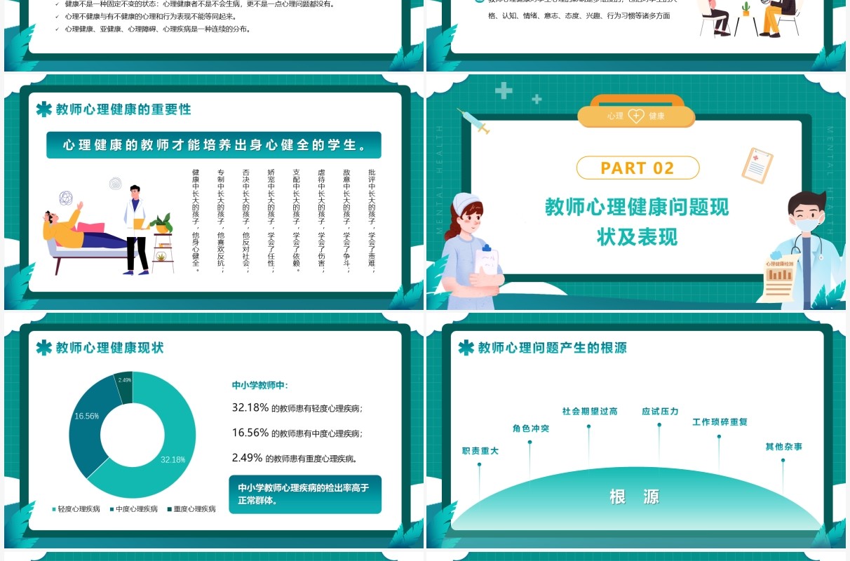 绿色插画大学教师心理健康及维护PPT模版