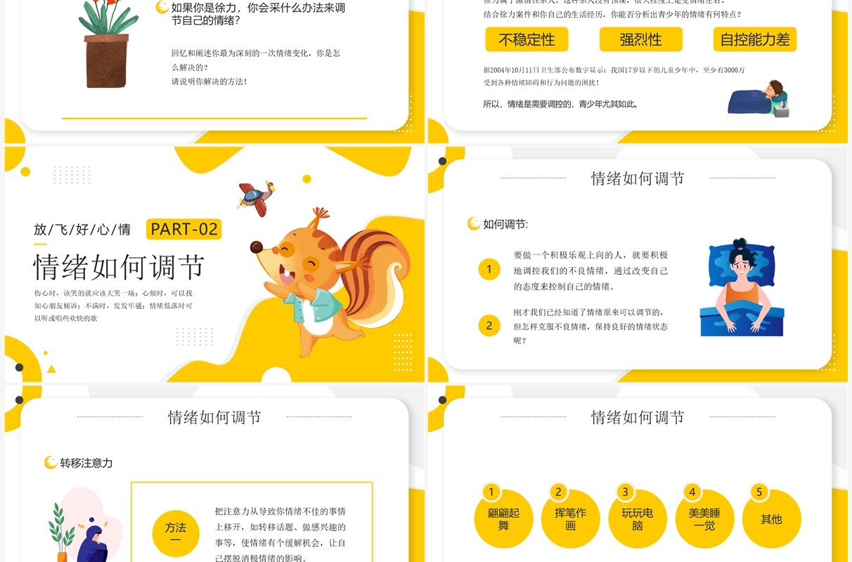 黄色卡通风学会调节情绪PPT模板