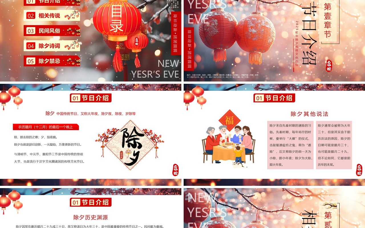 红色中国风除夕文化习俗介绍PPT模板