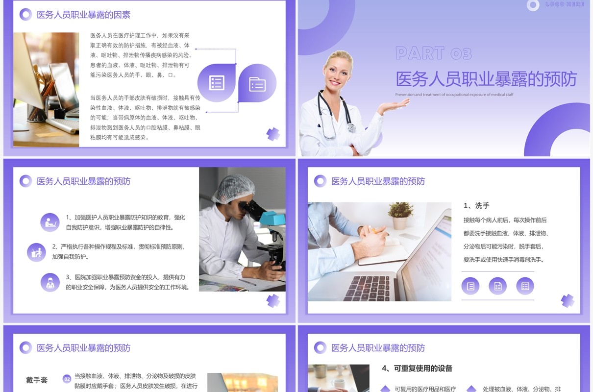 紫色简约医务人员职业暴露预防及处理PPT模板