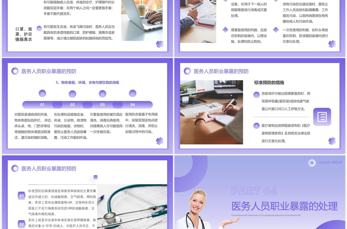 紫色简约医务人员职业暴露预防及处理PPT模板
