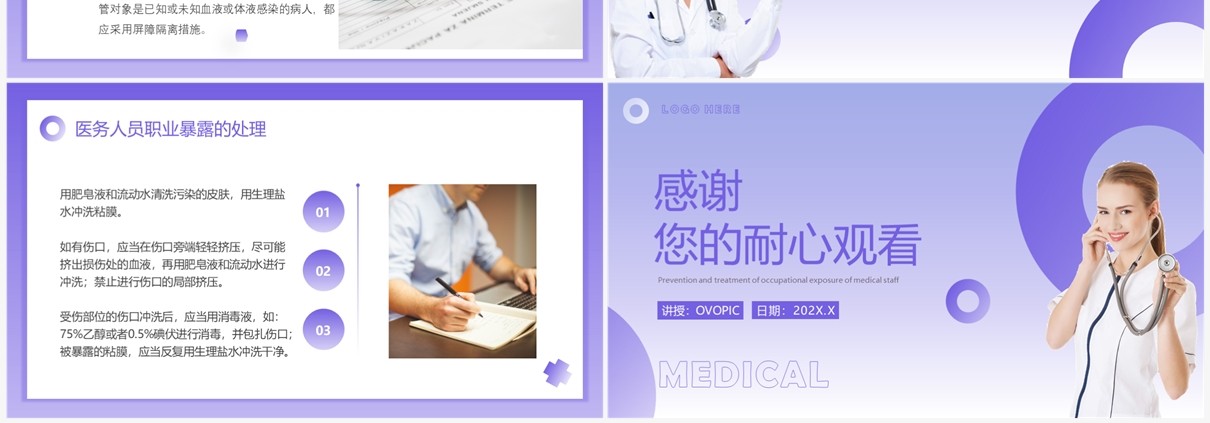 紫色简约医务人员职业暴露预防及处理PPT模板