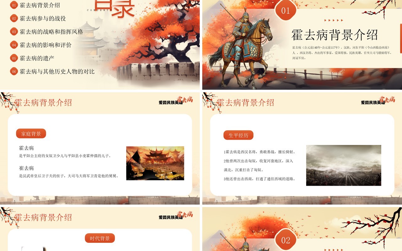 橙色插画风爱国英雄霍去病介绍PPT模板