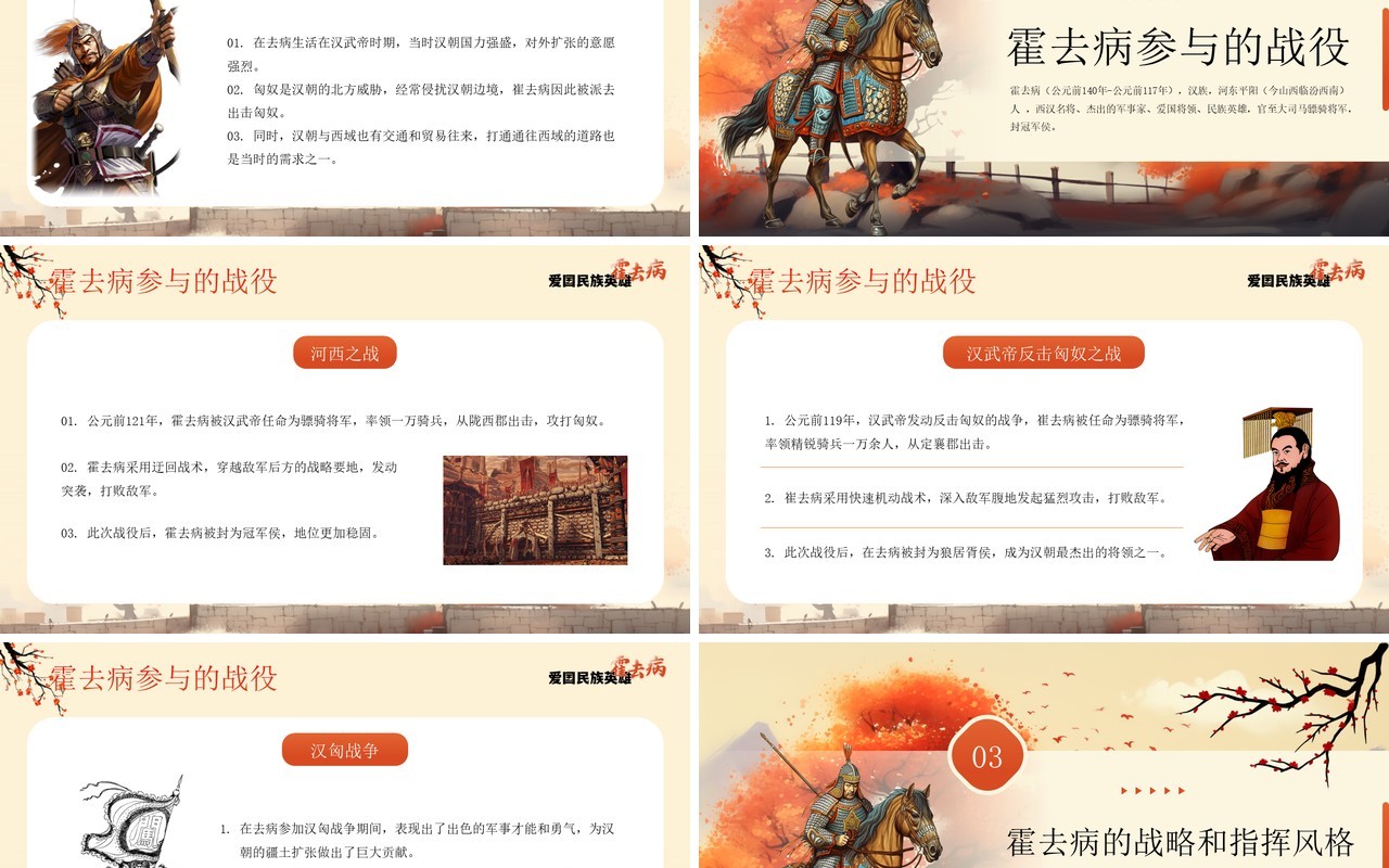 橙色插画风爱国英雄霍去病介绍PPT模板