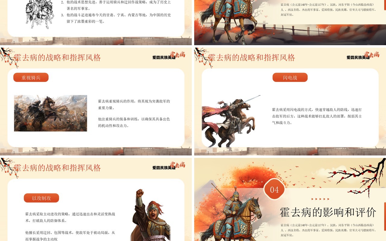 橙色插画风爱国英雄霍去病介绍PPT模板