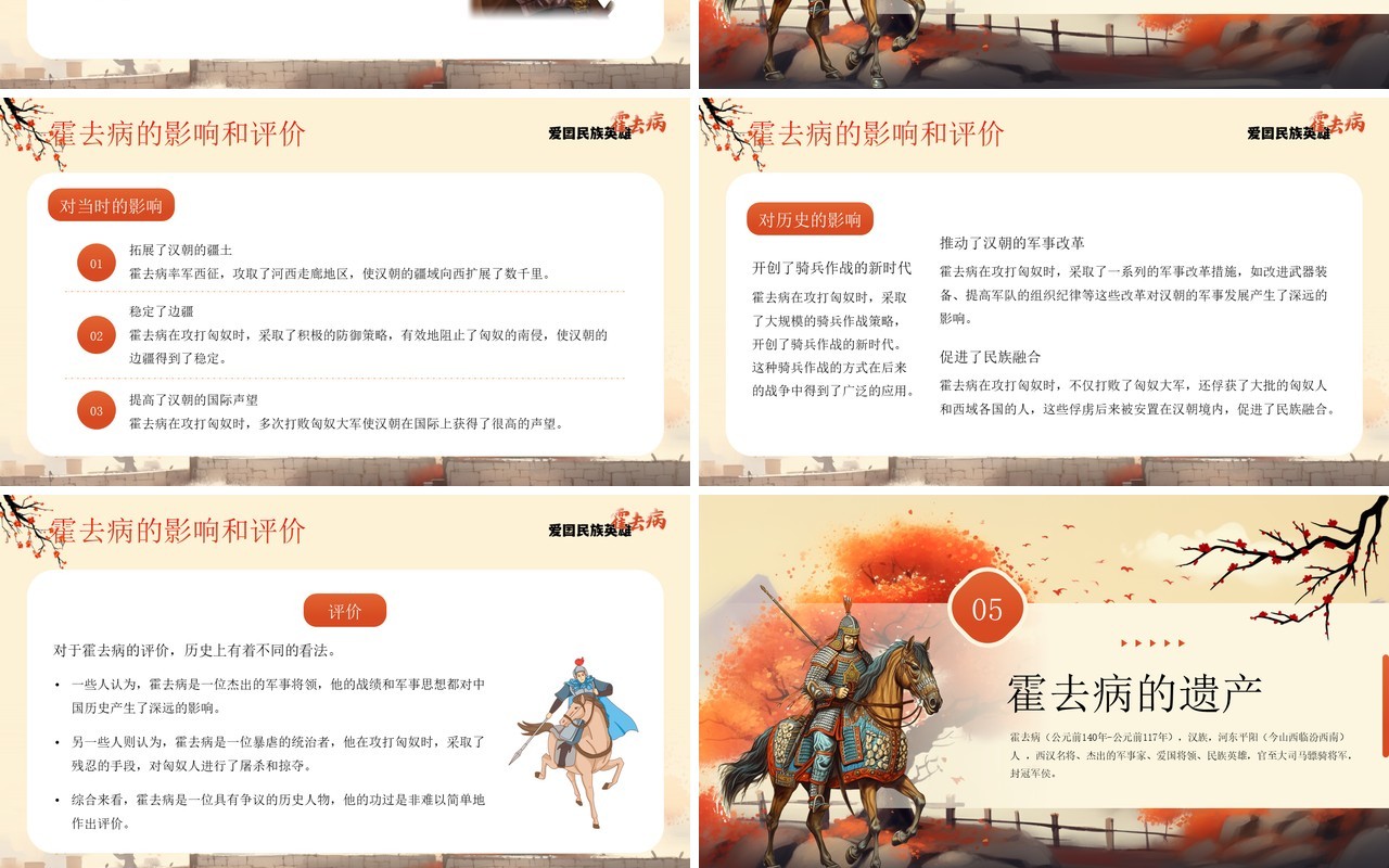 橙色插画风爱国英雄霍去病介绍PPT模板