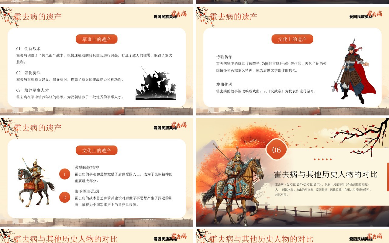 橙色插画风爱国英雄霍去病介绍PPT模板