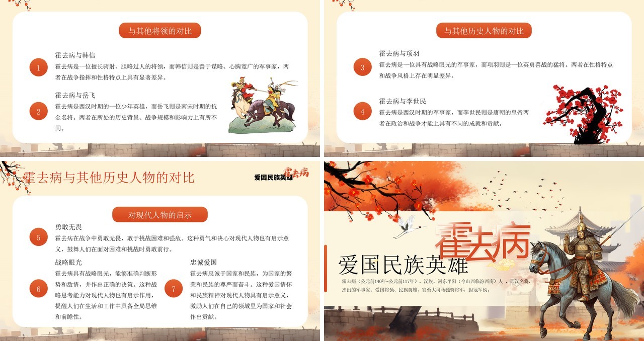 橙色插画风爱国英雄霍去病介绍PPT模板