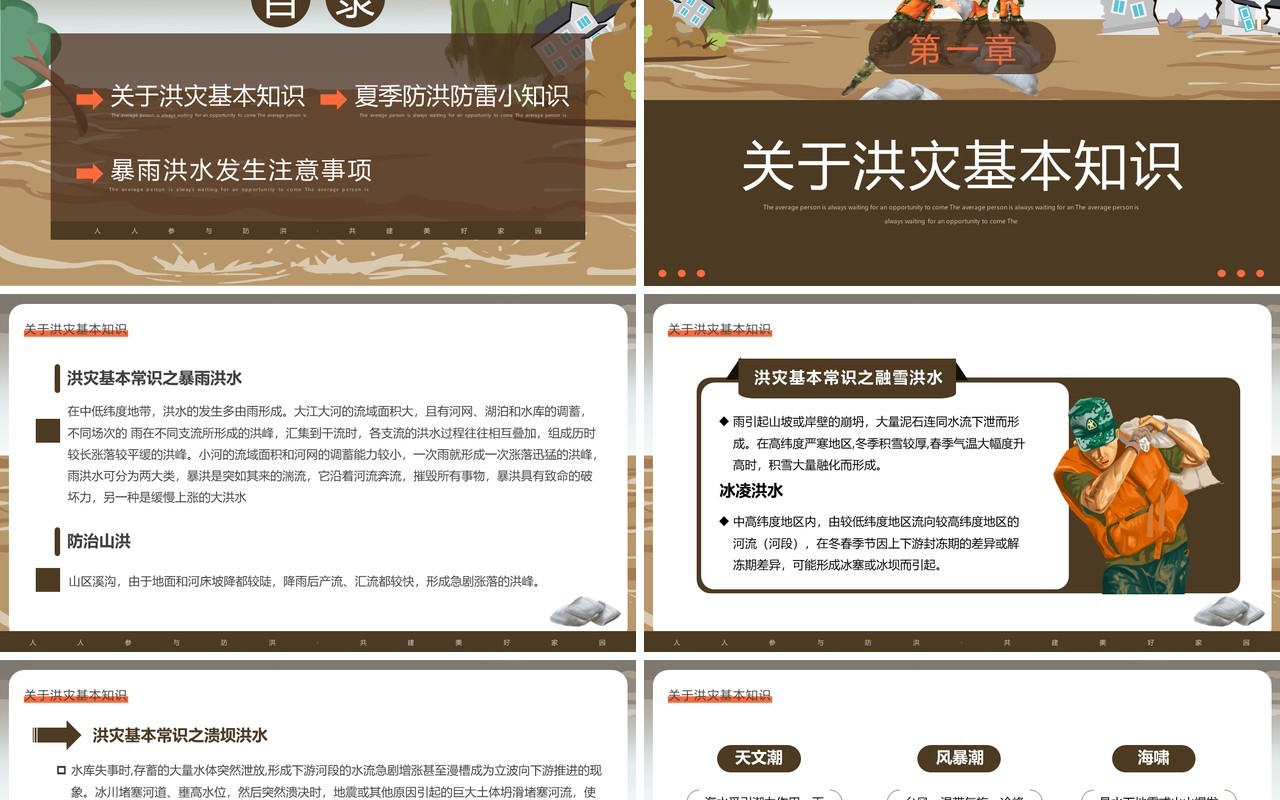 棕色简约风汛期自救常识宣传PPT模板