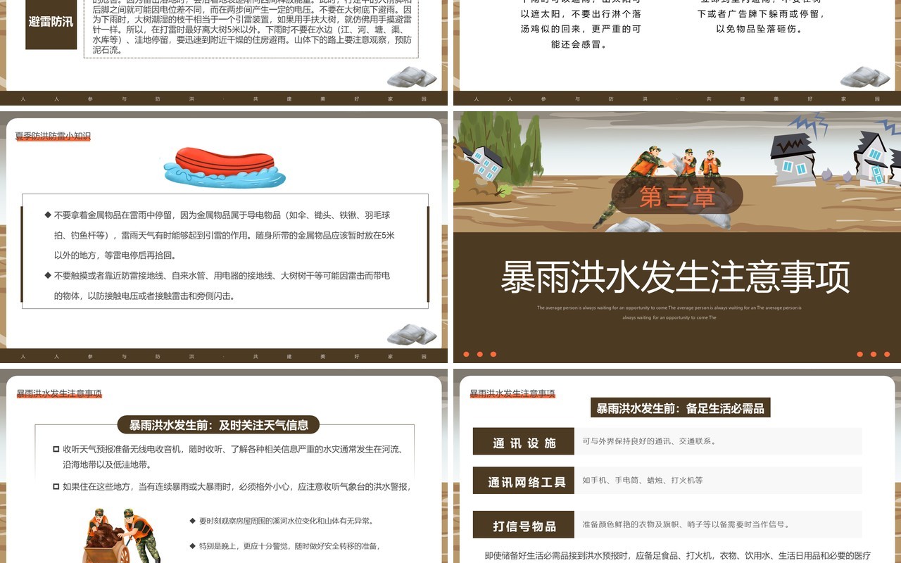 棕色简约风汛期自救常识宣传PPT模板