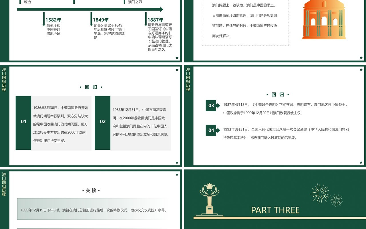 绿色简约风庆祝澳门回归23周年PPT模板