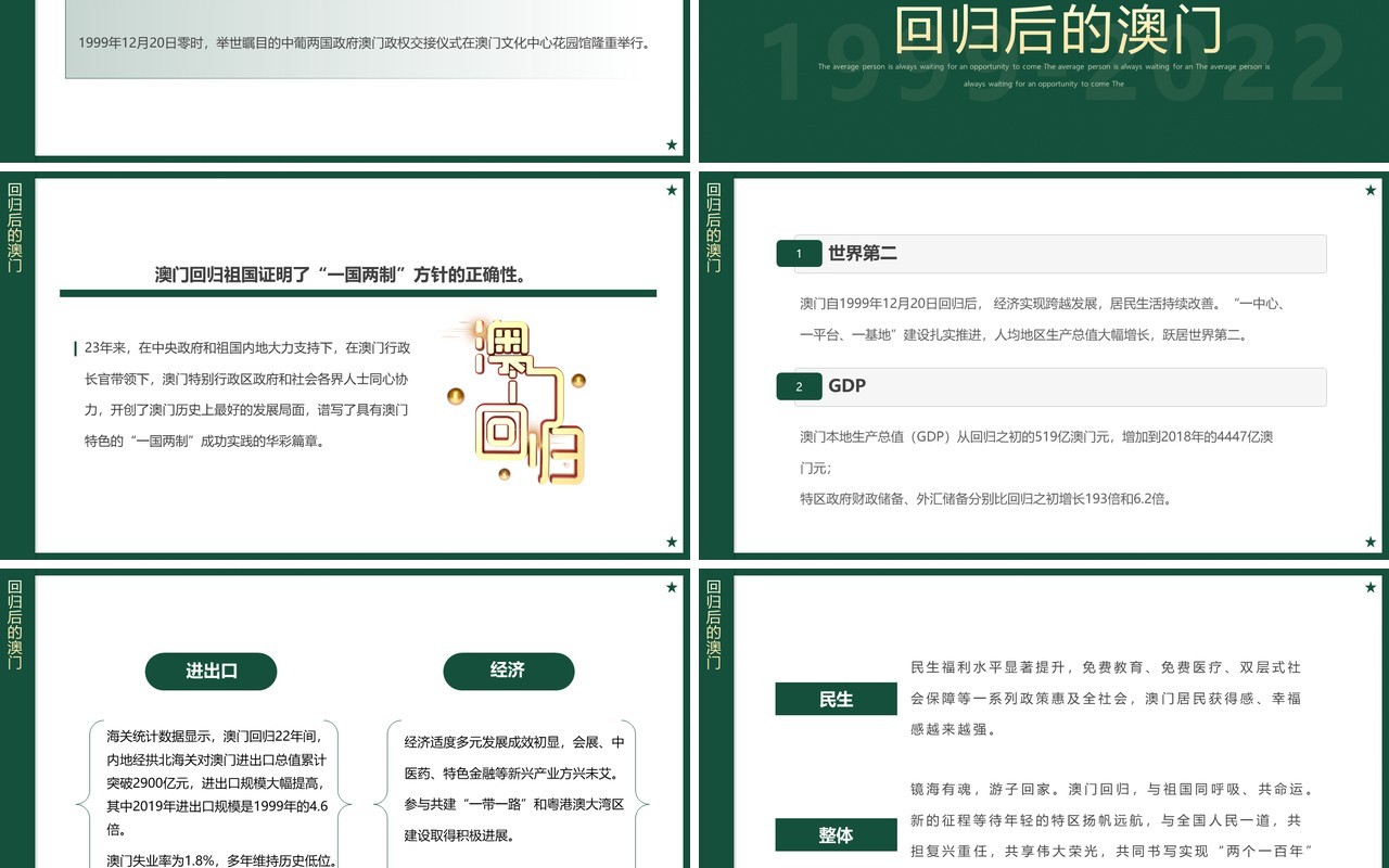 绿色简约风庆祝澳门回归23周年PPT模板