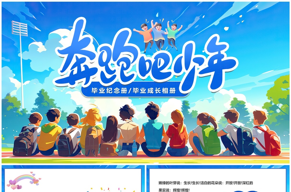 蓝色插画风奔跑吧少年毕业相册PPT模板