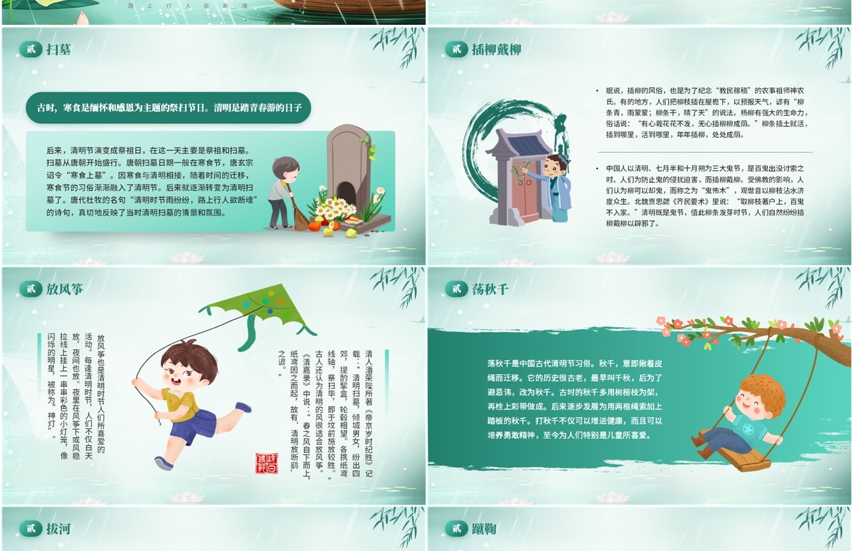 绿色中国风清明节来历和习俗介绍PPT模板
