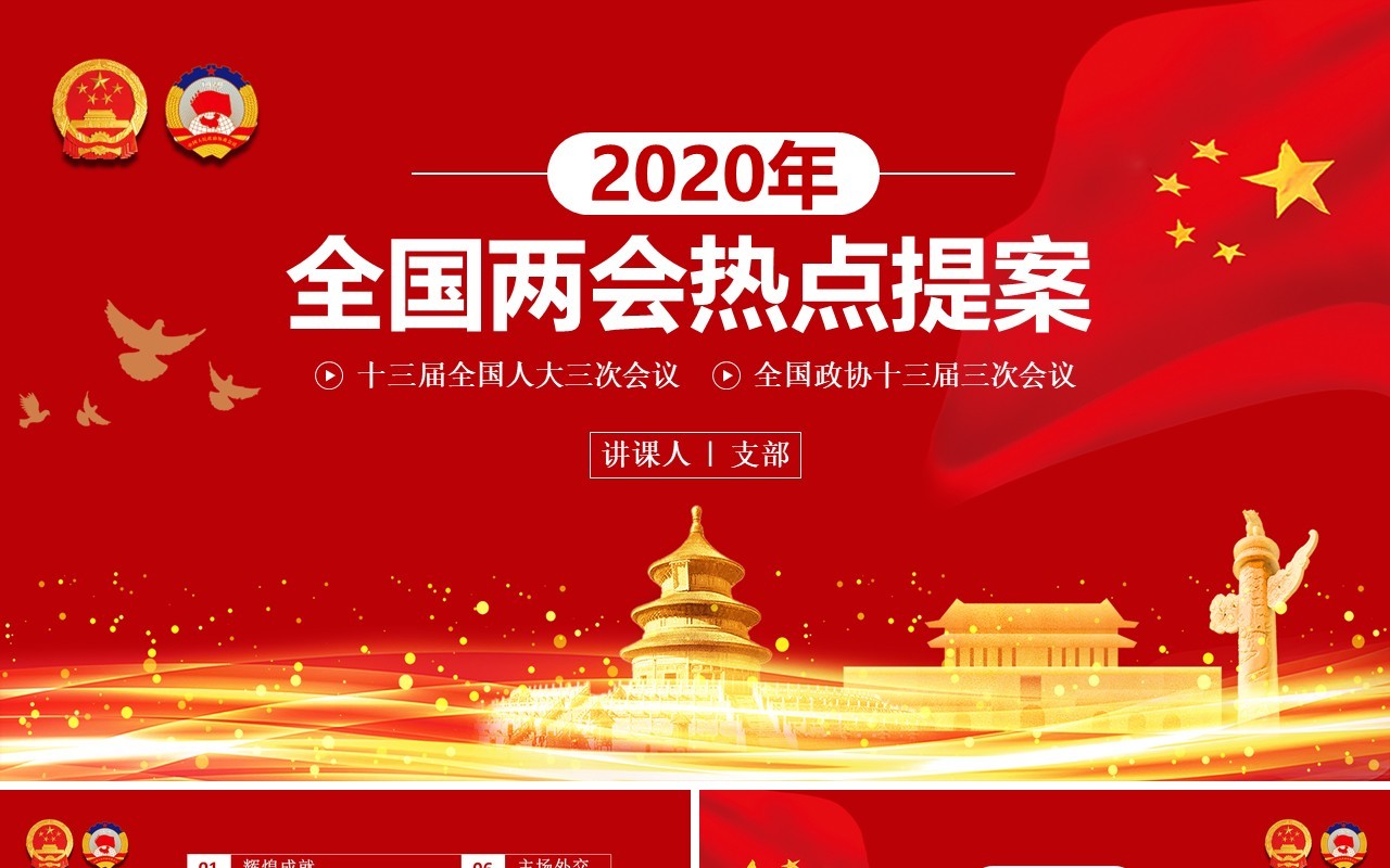 2020年红色全国两会热点提案学习解读政府报告PPT模板