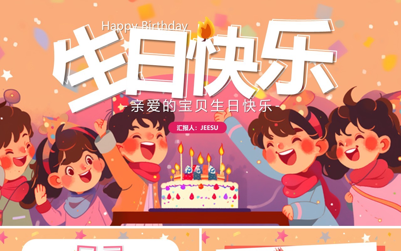 橙色卡通风生日快乐儿童相册PPT模板