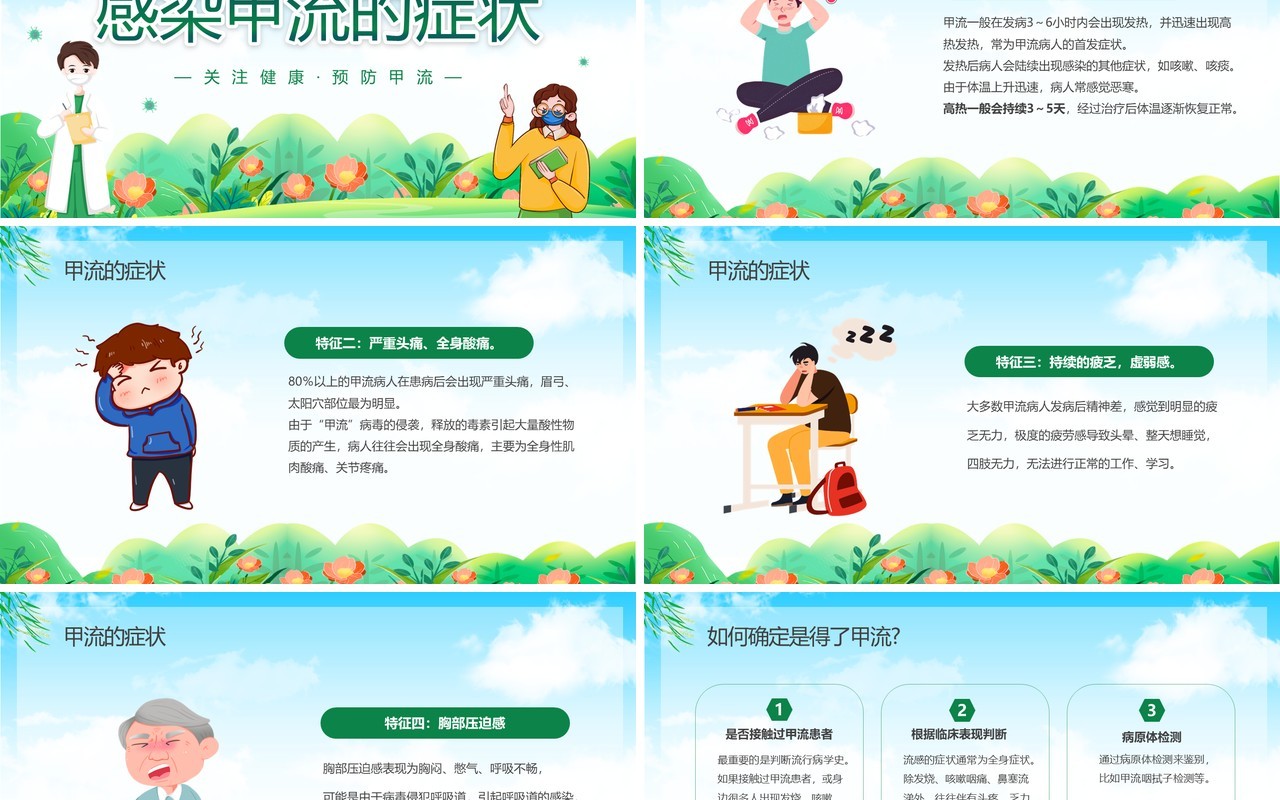 绿色卡通甲型流感病毒知识科普宣传PPT模板