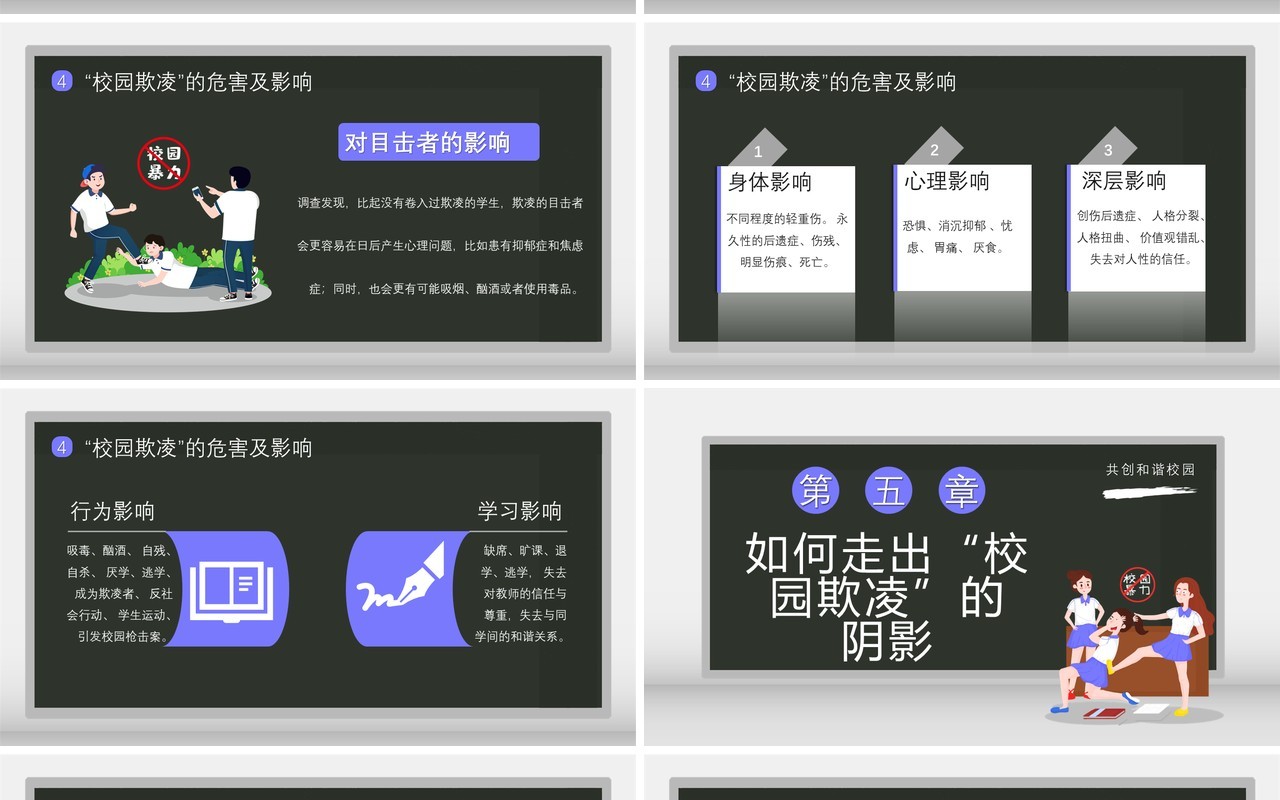 卡通风拒绝校园欺凌共创和谐校园通用课件PPT模板