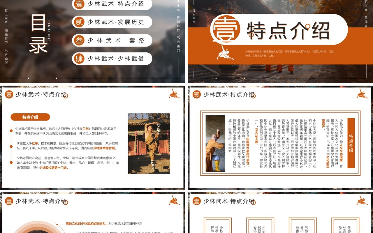 棕色简约风非遗系列之少林武术PPT模板