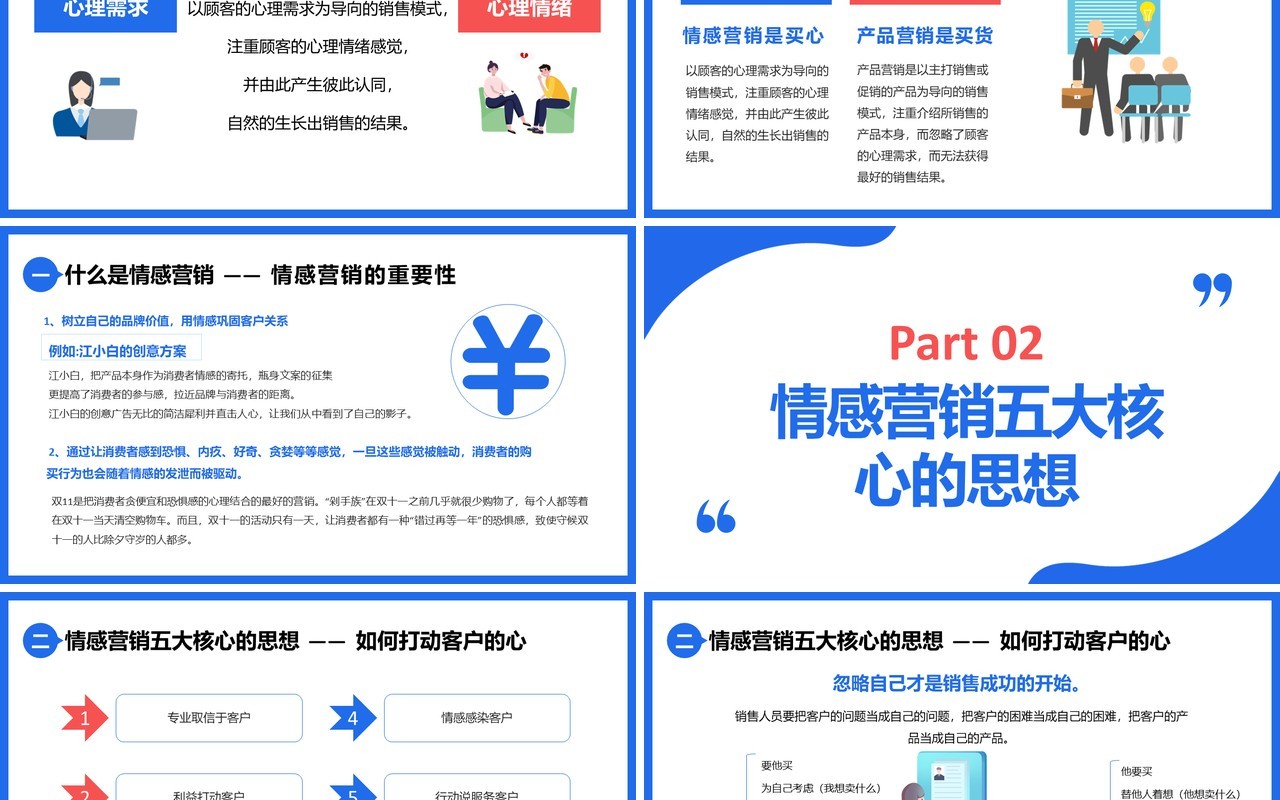 扁平插画简约企业员工公司情感营销培训如何打动客户的心PPT模板