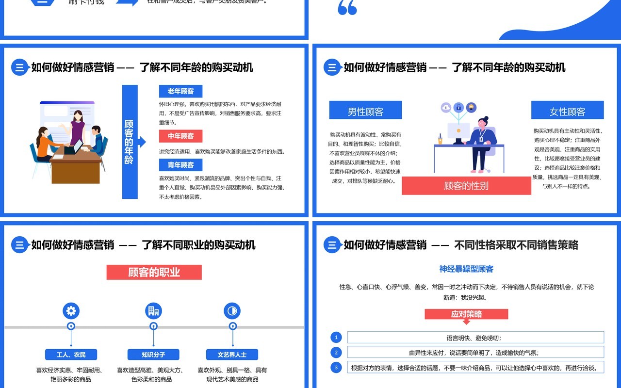 扁平插画简约企业员工公司情感营销培训如何打动客户的心PPT模板