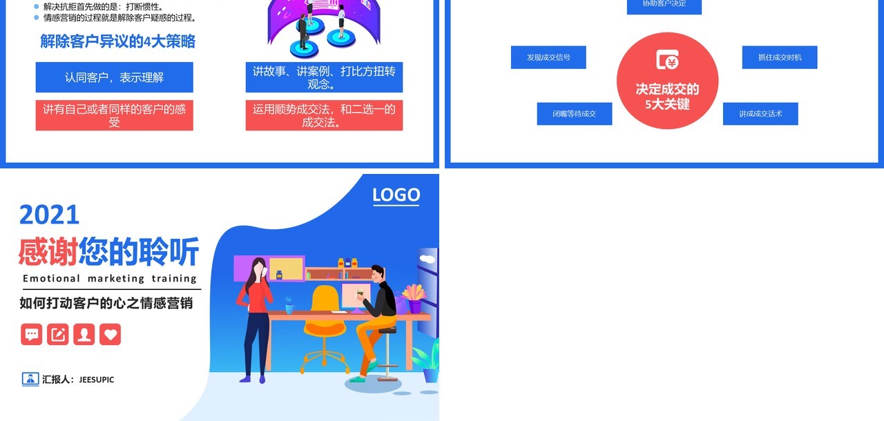 扁平插画简约企业员工公司情感营销培训如何打动客户的心PPT模板