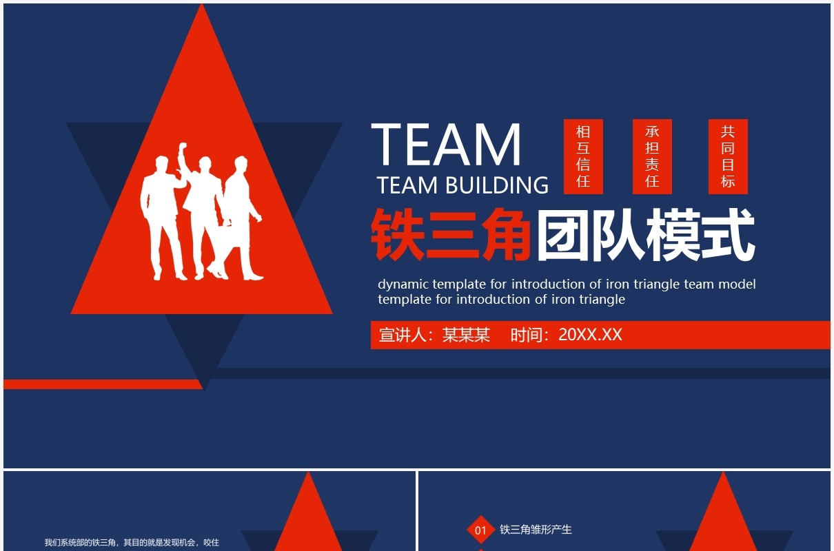 深蓝色企业培训铁三角团队模式课件PPT模板