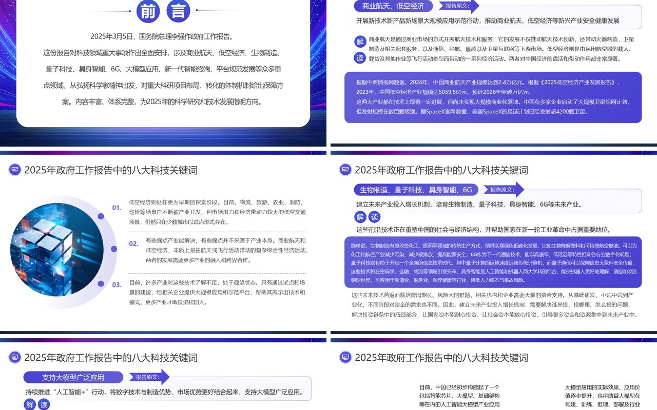 紫色政府工作报告中的科技关键词PPT模板