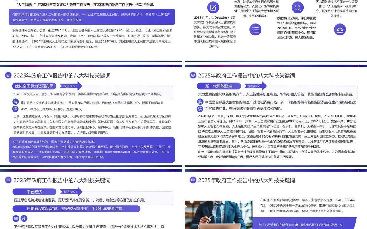 紫色政府工作报告中的科技关键词PPT模板