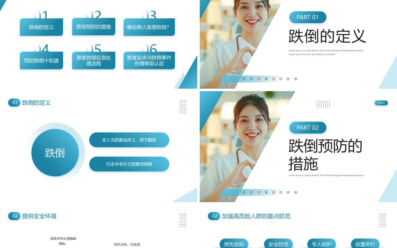 蓝色简约风跌倒及坠床的预防护理PPT模板