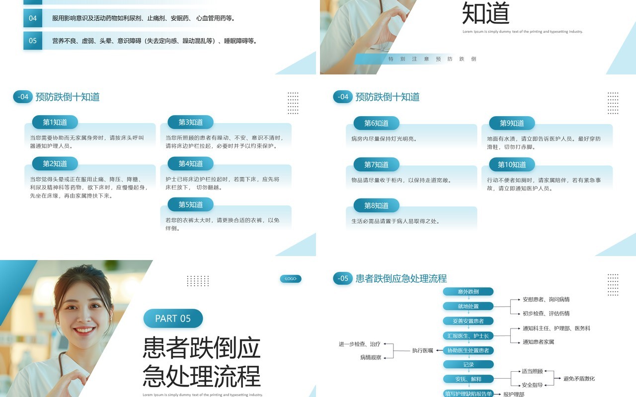 蓝色简约风跌倒及坠床的预防护理PPT模板