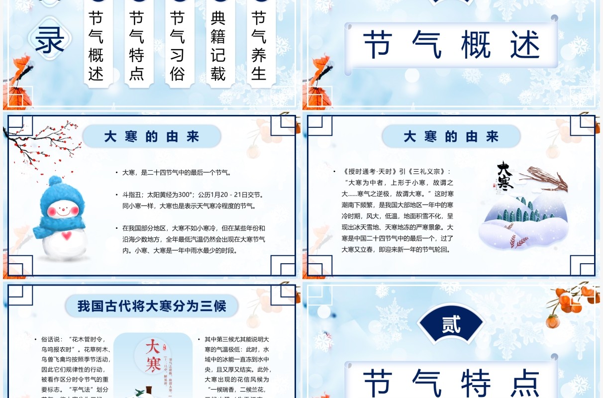 蓝色小清新二十四节气之大寒介绍PPT模板