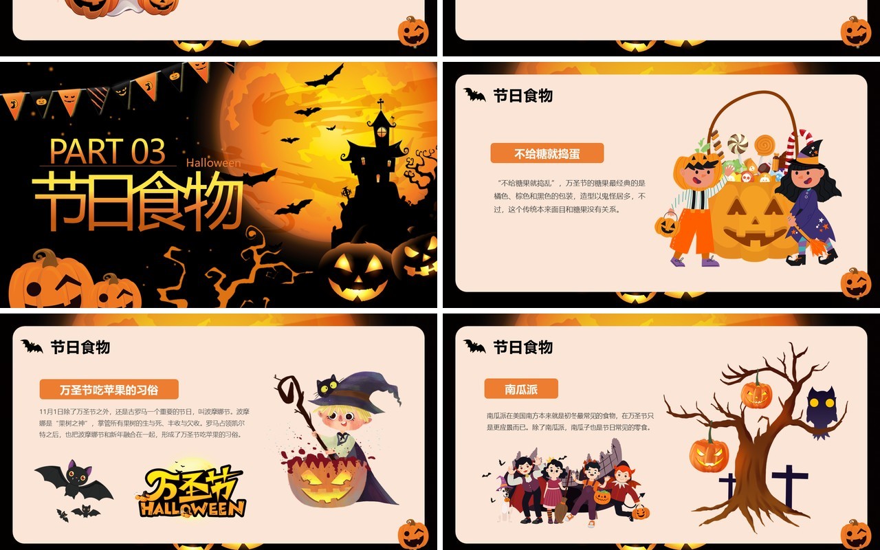 卡通蓝色南瓜头万圣节主题动态PPT模板