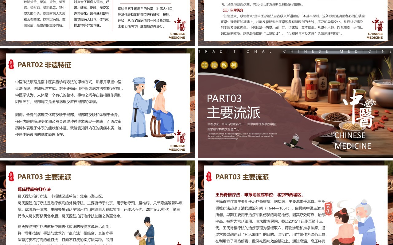 咖啡色中国风非遗系列之中医诊法PPT模板