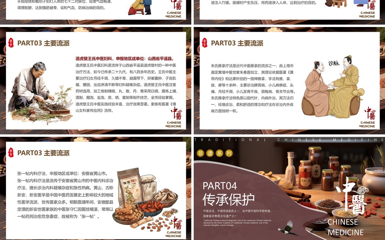 咖啡色中国风非遗系列之中医诊法PPT模板