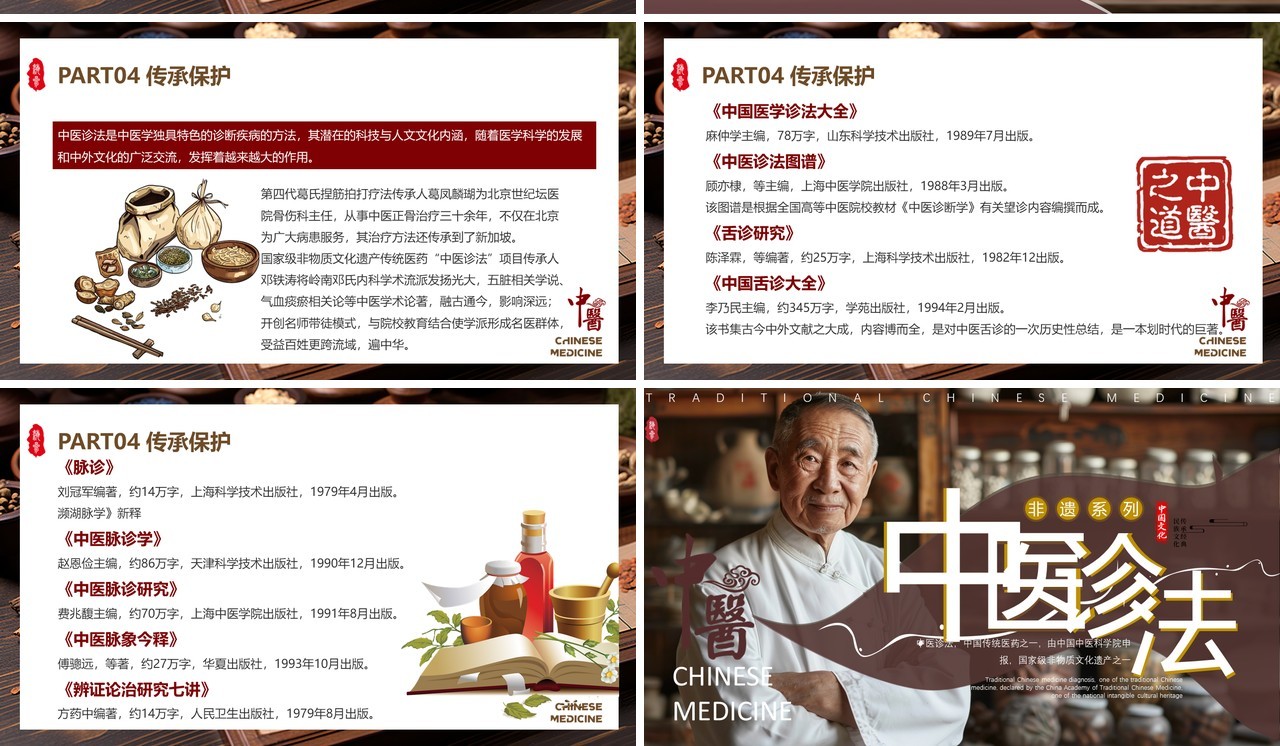 咖啡色中国风非遗系列之中医诊法PPT模板