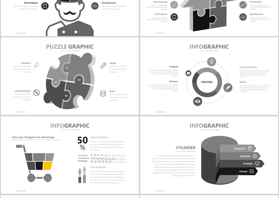 灰色简洁高端商务PPT模板信息图表Wakatobi Powerpoint