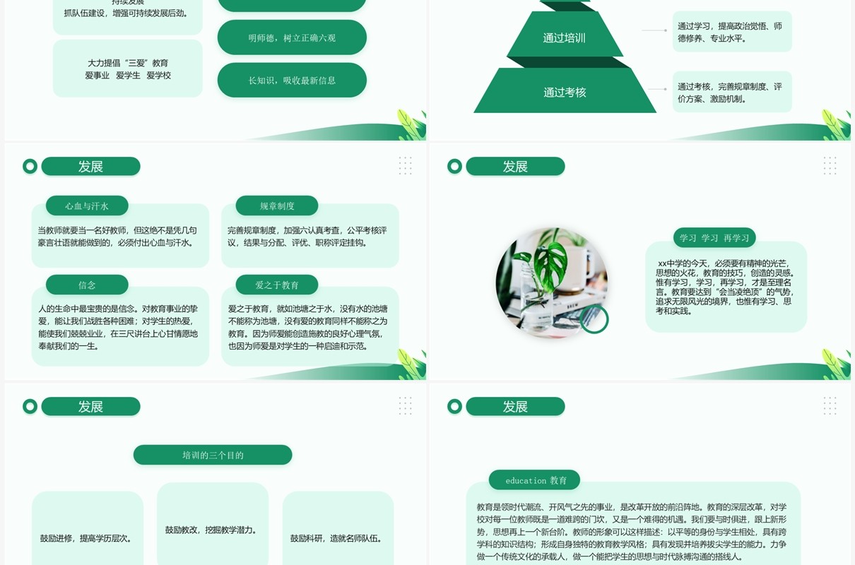 绿色简约风教师开学工作会议教师培训PPT模板