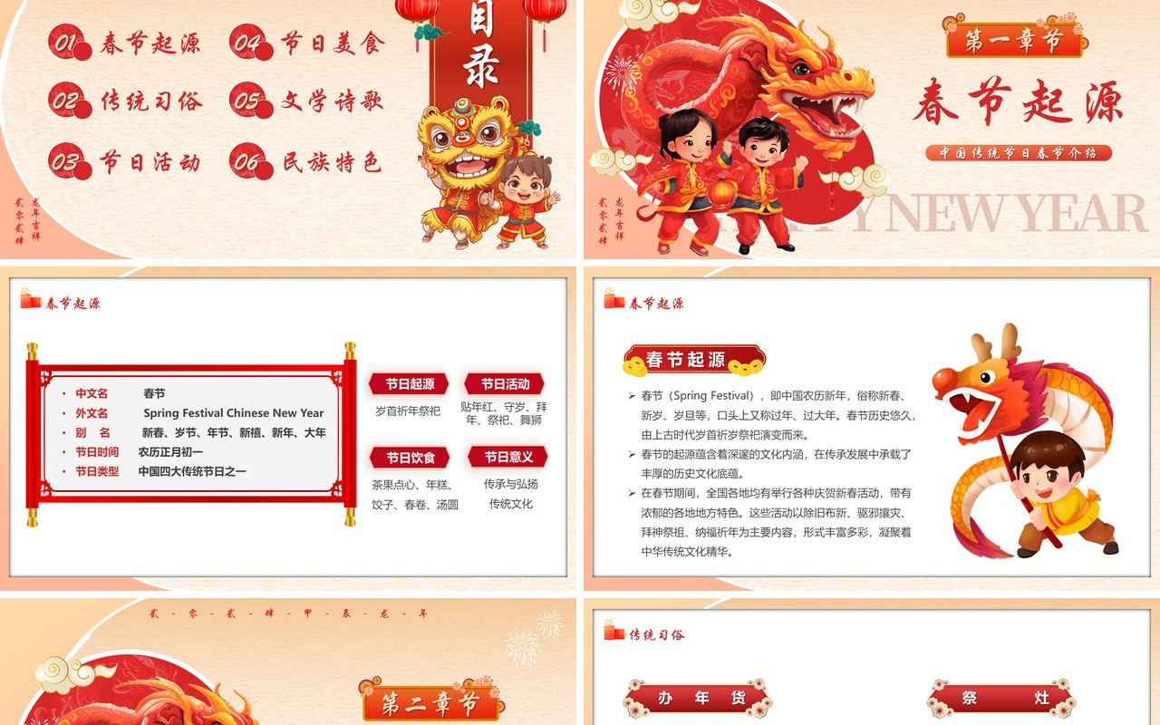 红色卡通风2024春节习俗介绍PPT模板