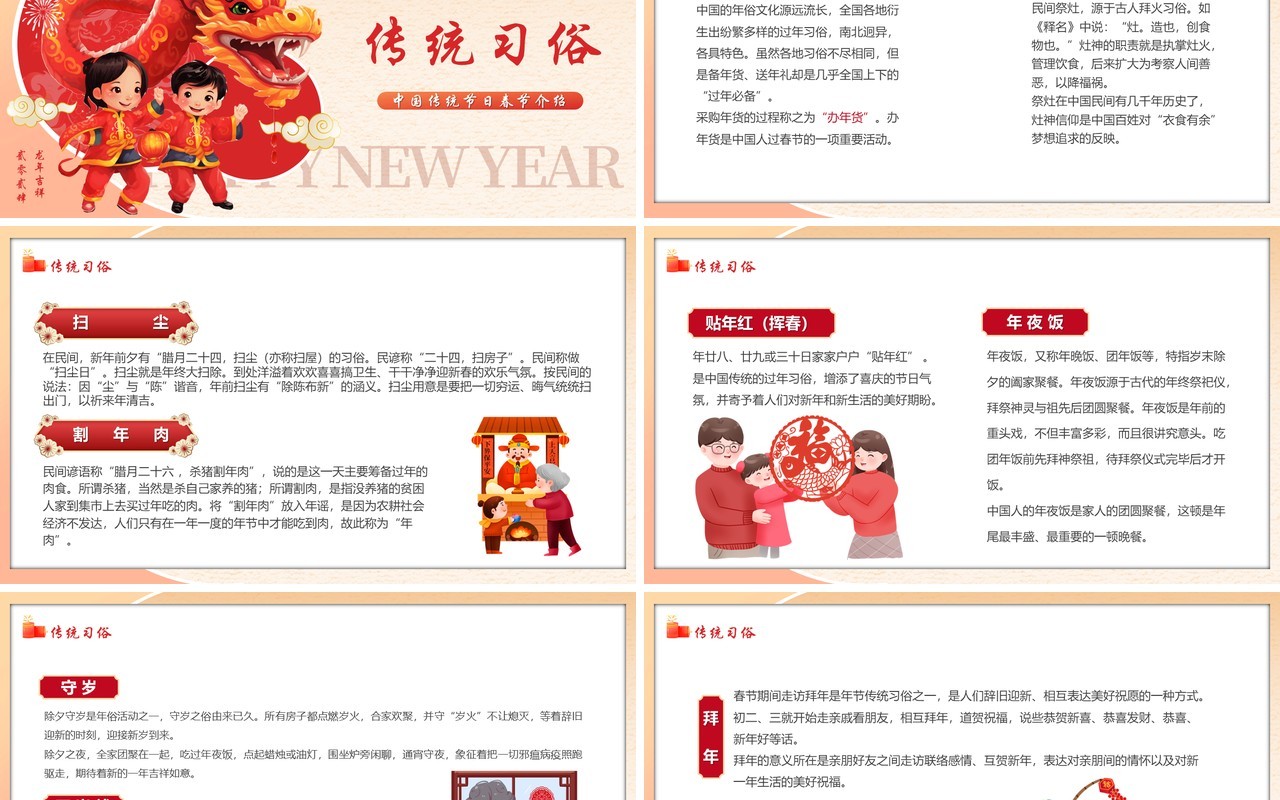 红色卡通风2024春节习俗介绍PPT模板