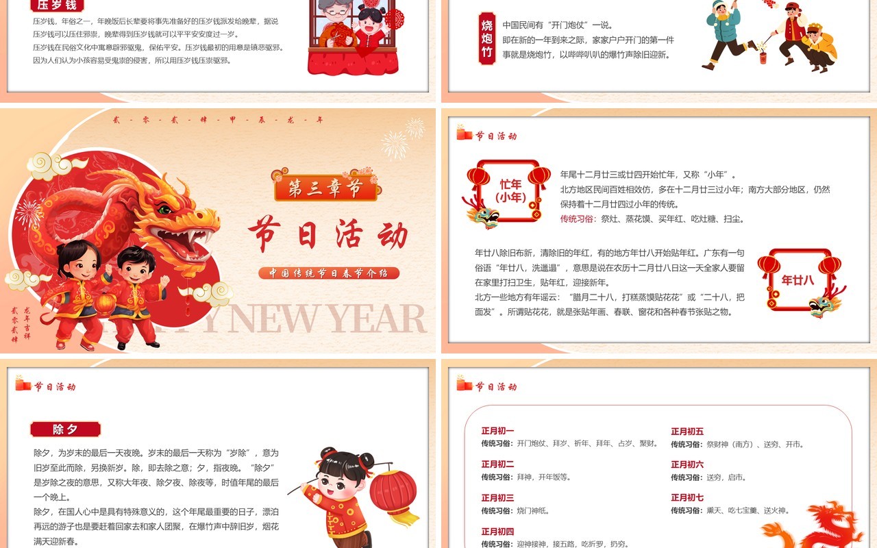红色卡通风2024春节习俗介绍PPT模板