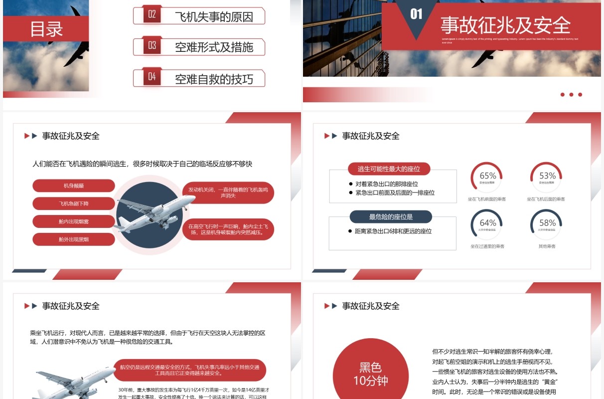红色简约风航空事故分析与自救原则PPT模板