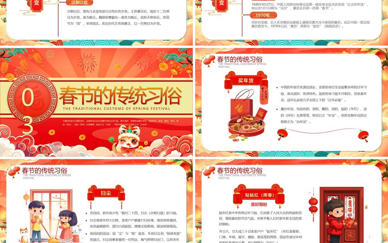 红色中国风中国传统节日春节介绍PPT模板