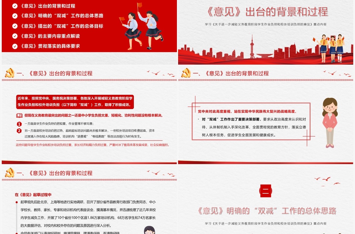 红色党政风关于进一步减轻义务教育阶段学生作业负担和校外培训负担的意见动态PPT模板