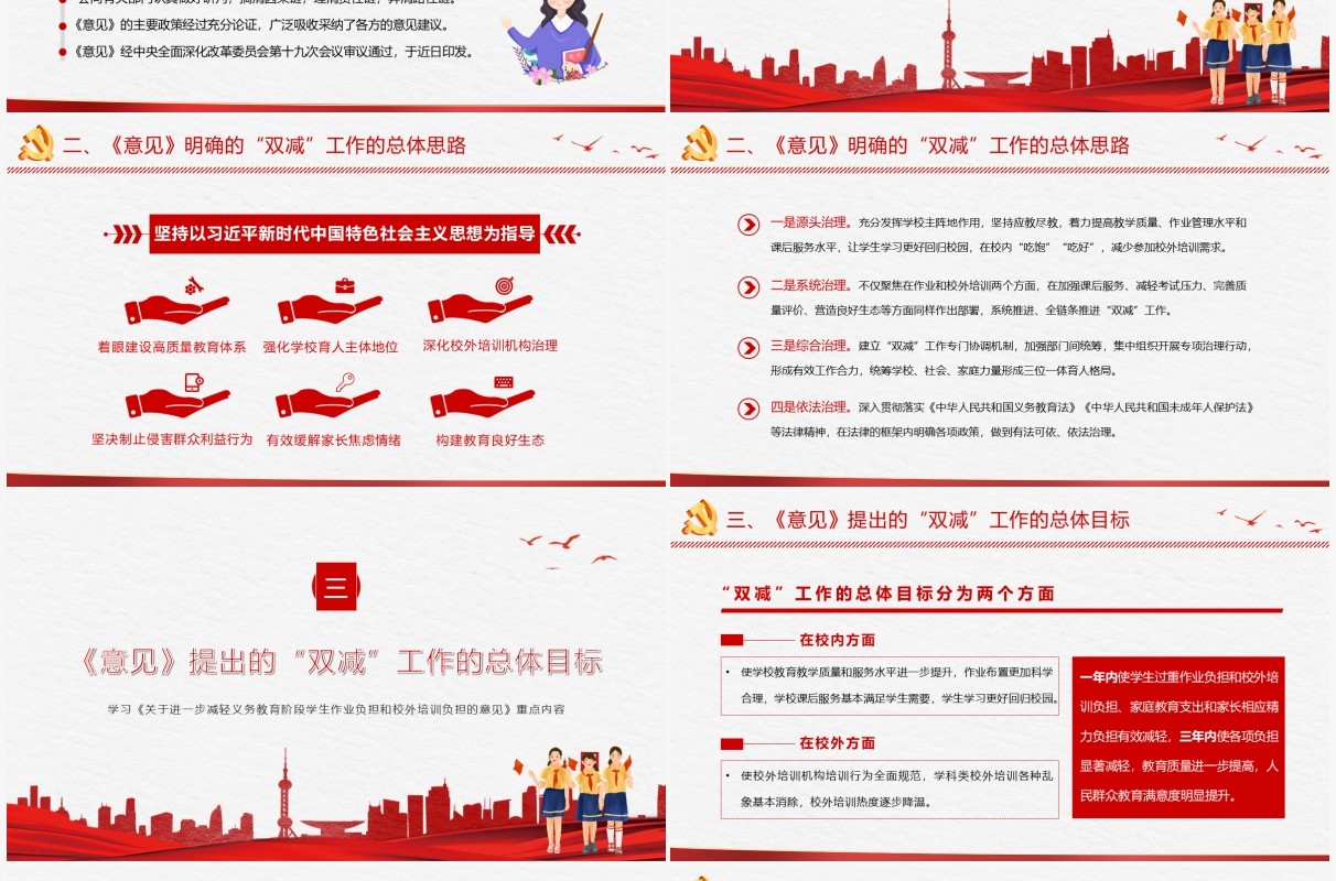 红色党政风关于进一步减轻义务教育阶段学生作业负担和校外培训负担的意见动态PPT模板