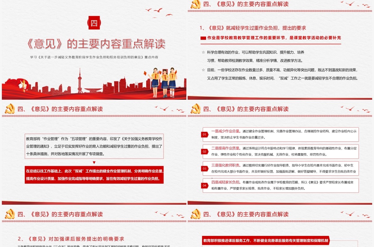 红色党政风关于进一步减轻义务教育阶段学生作业负担和校外培训负担的意见动态PPT模板