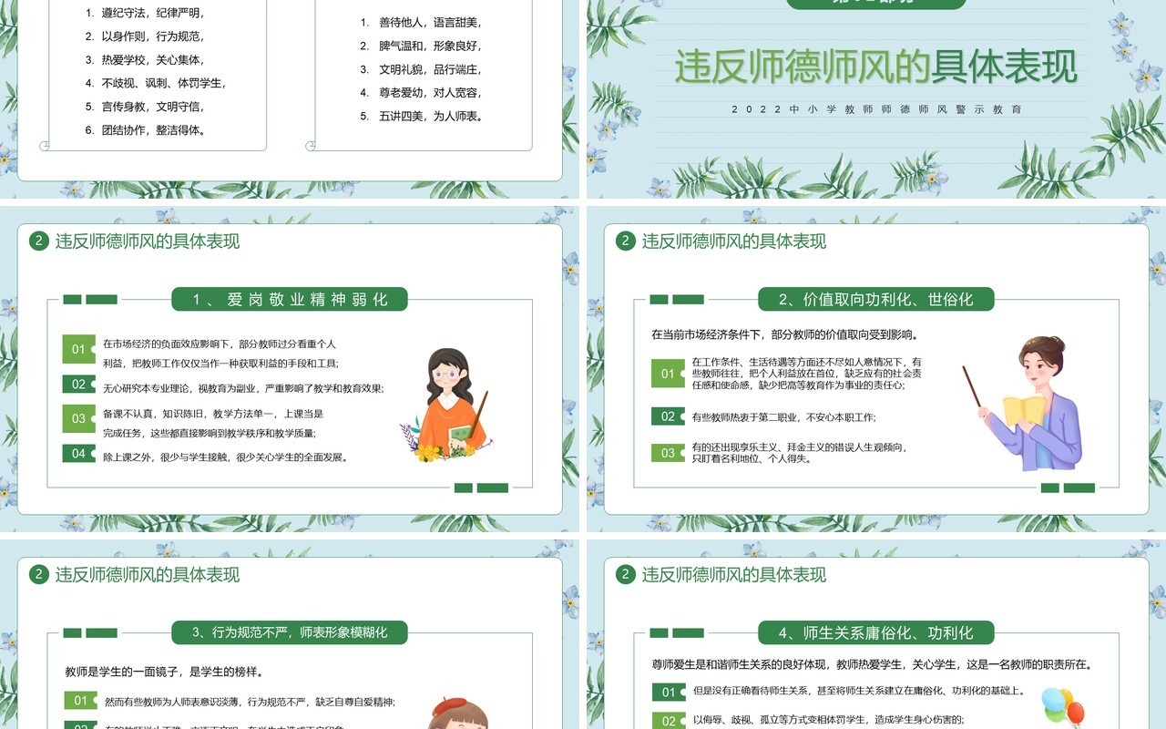 绿色清新风师德师风警示教育PPT模板