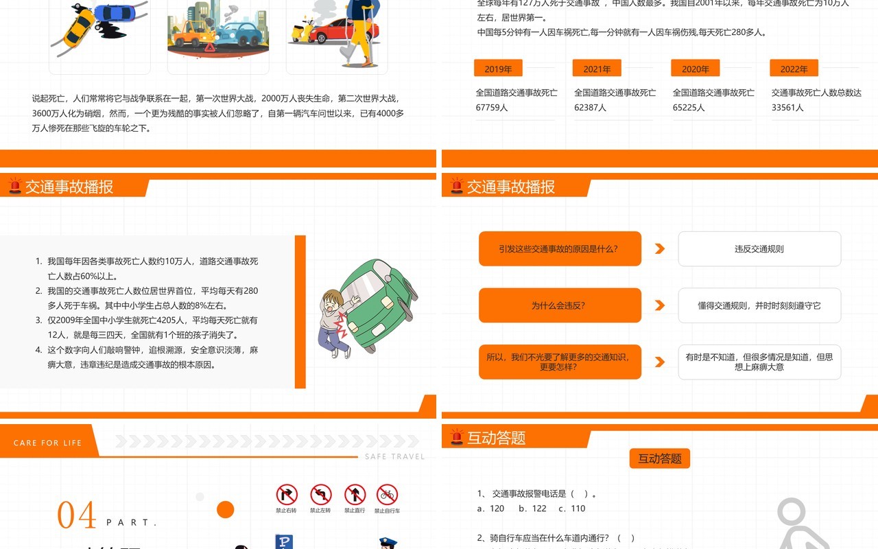 橙色卡通风关爱生命安全出行PPT模板