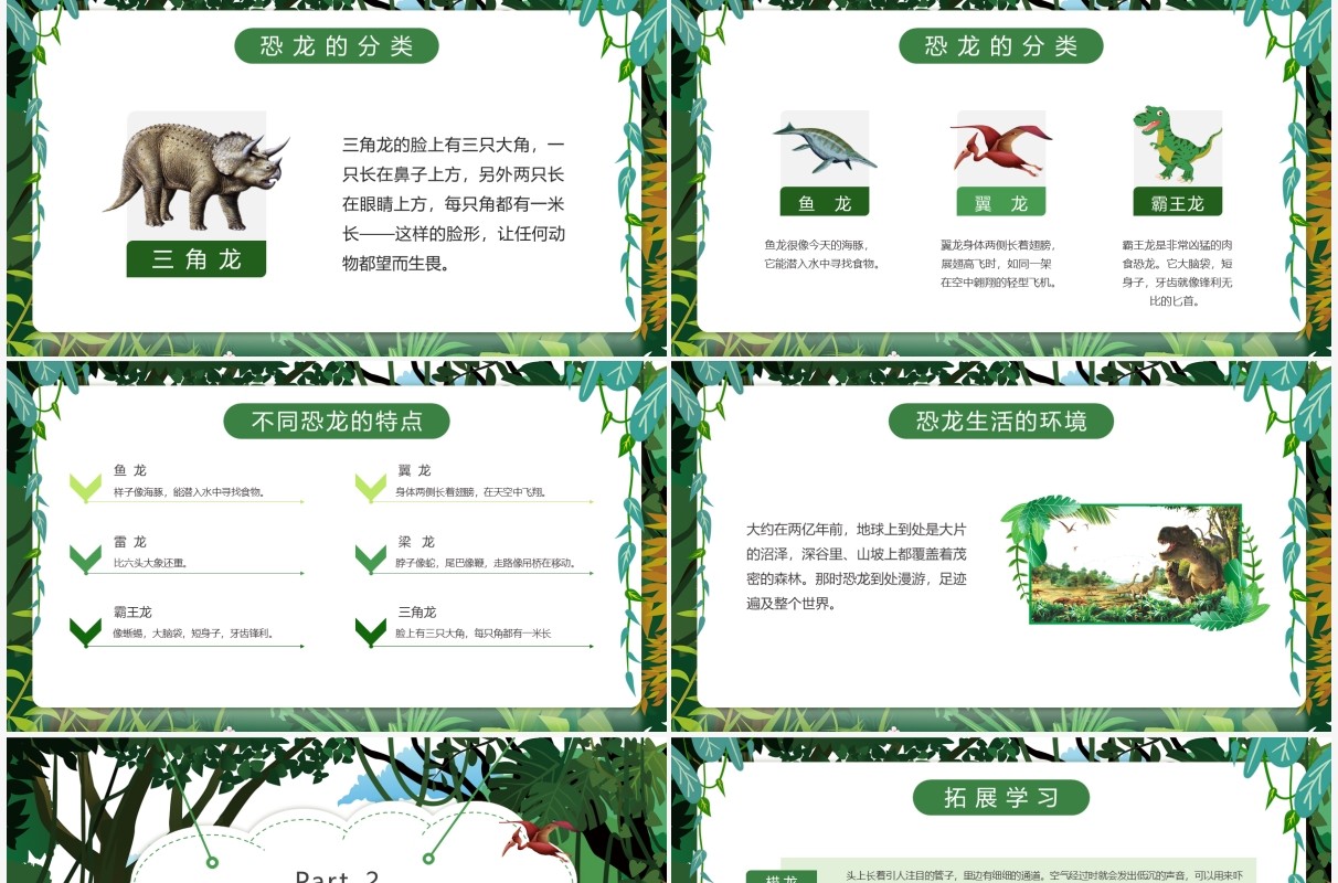 绿色卡通恐龙知识介绍主题教育PPT模板