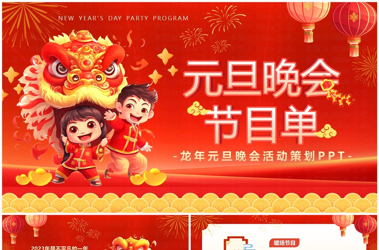 红色喜庆卡通风元旦晚会节目单PPT模板